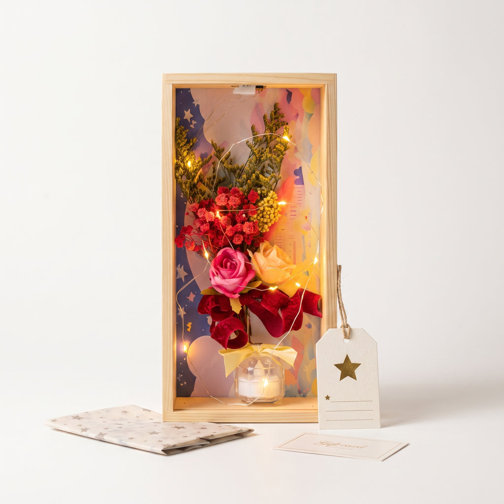 Coffret Floral Lumineux en Bois avec Écrin à Bague Intégré