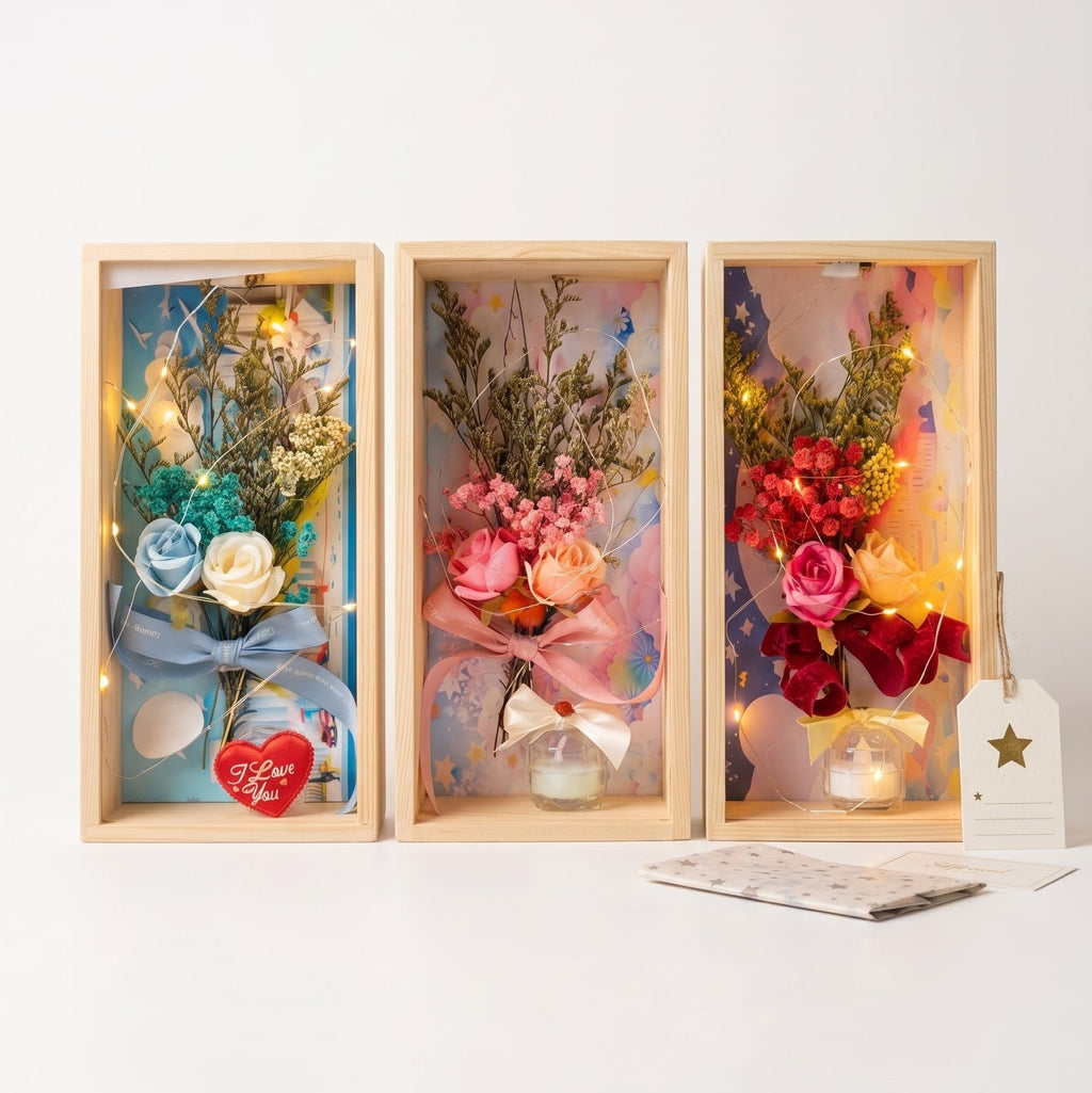 Coffret Floral Lumineux en Bois avec Écrin à Bague Intégré