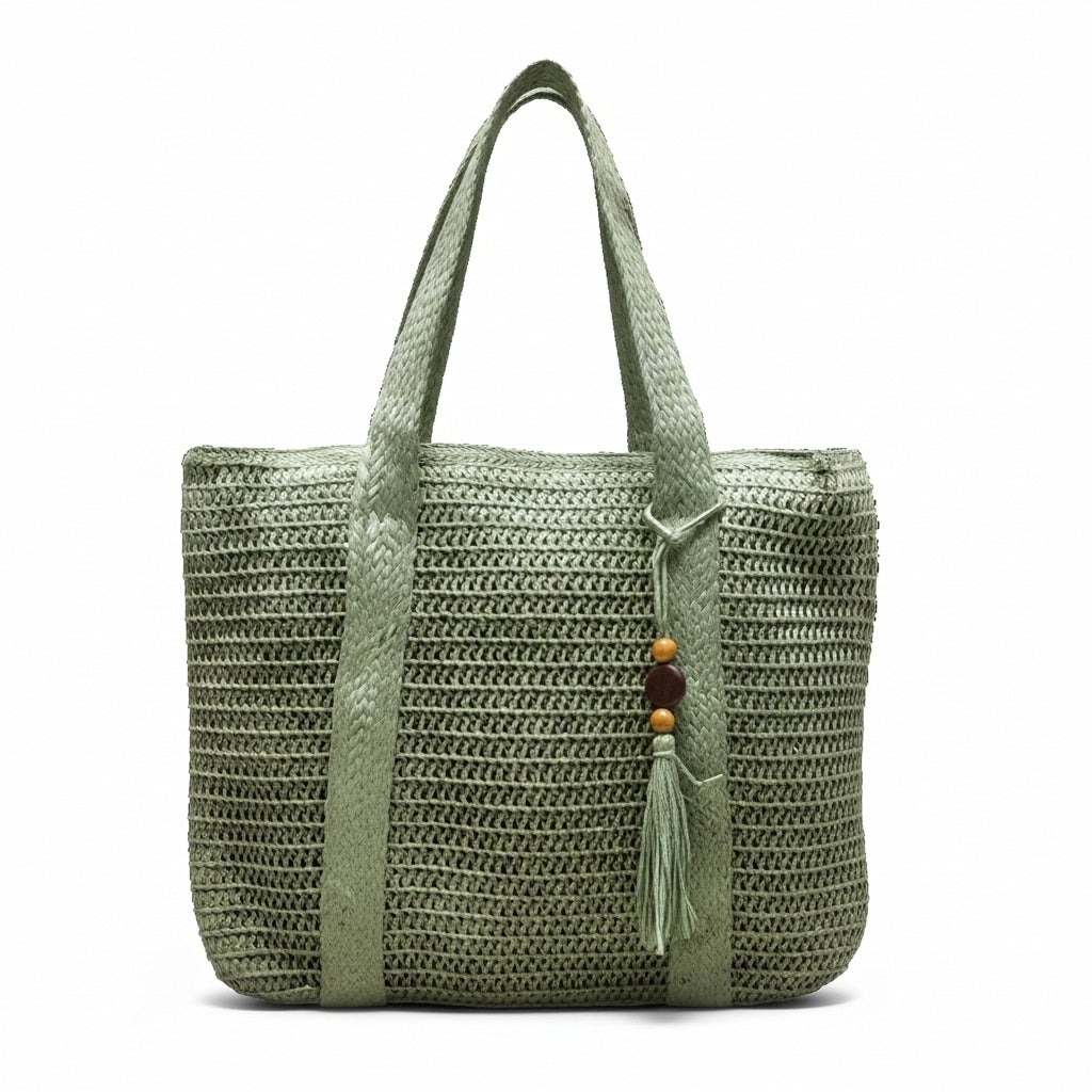 Sac Cabas En Paille Vert Sauge Tissé à La Main Avec Pompon à Perles